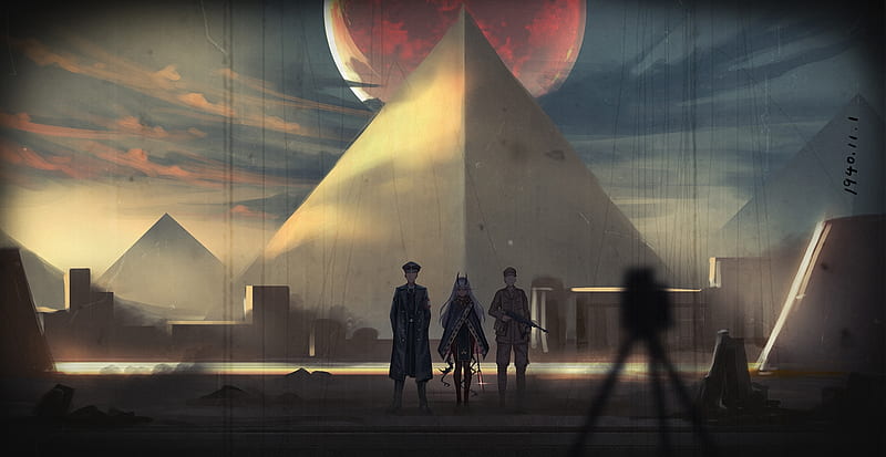 red moon, pyramid, military uniform, scenic, horns, Anime, HD wallpaper