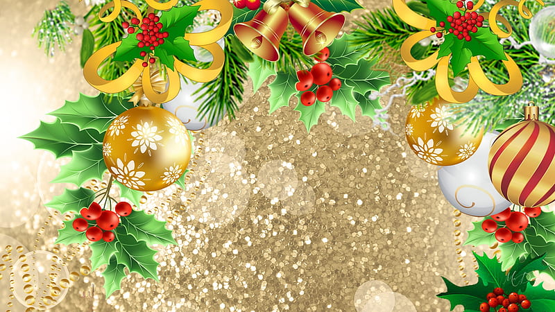 Holly & Golden Bells, holidays, leaves, berries, New Year, holly, bells, Firefox theme, Christmas, Feliz Navidad, sparkle, HD wallpaper