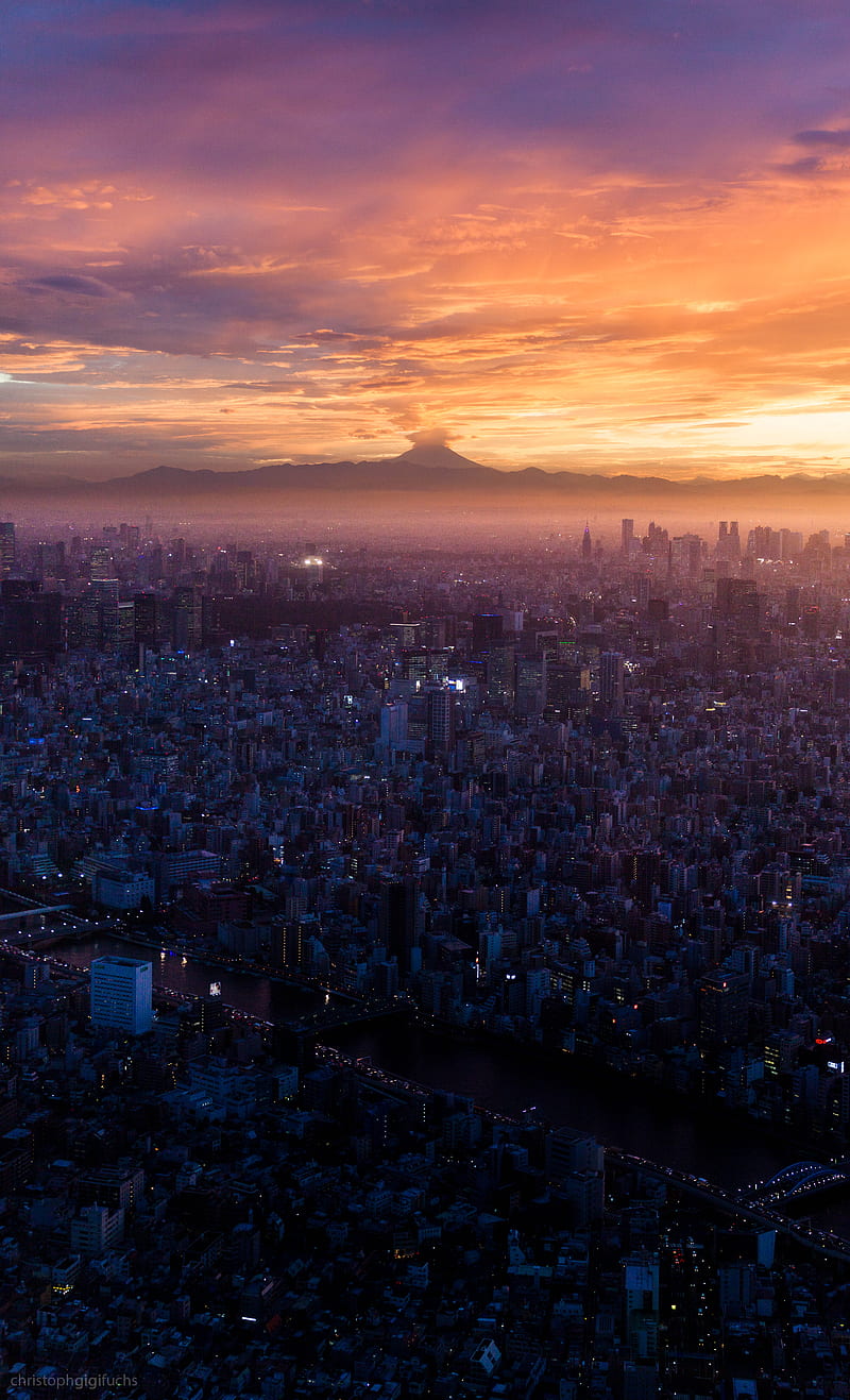 sunset, Mount Fuji, cityscape, horizon, volcano, clouds, Tokyo Prefecture, HD phone wallpaper