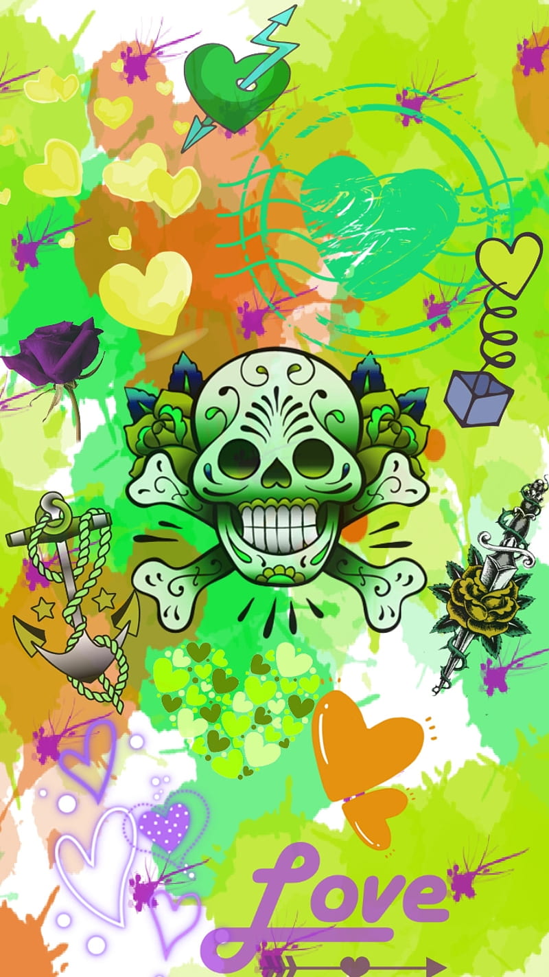 Envy, green, corazones, love, neon, skull, sugar, HD phone wallpaper