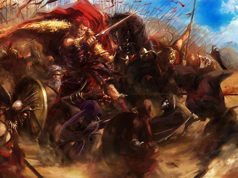 fate zero, guerra, shield, assassins, horses, battle, rider, spear, weapon, sword, HD wallpaper