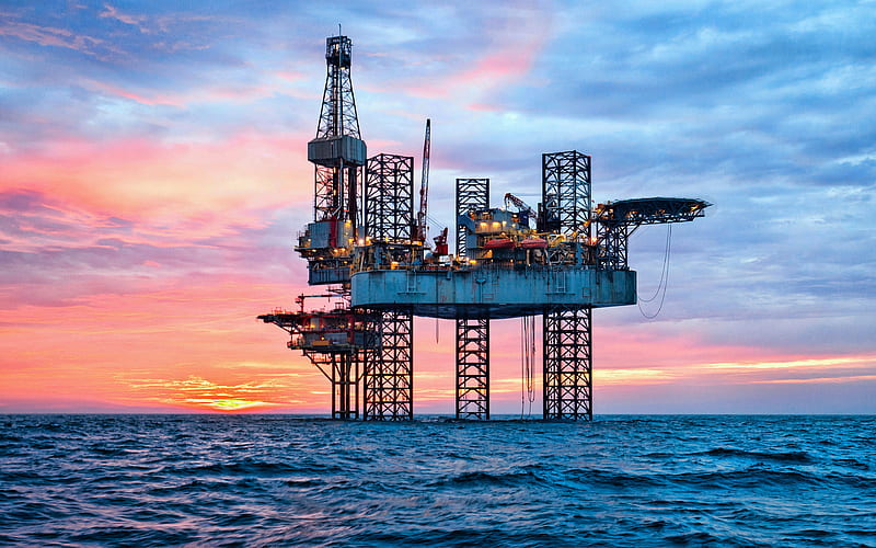 gas production platform, sea, evening, sunset, offshore gas production, oil production platform, gas, oil, HD wallpaper