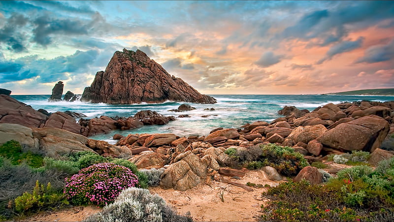 Rocky Coast of Western Australia, rocks, stones, sea, clouds, colors, sky, sunset, HD wallpaper