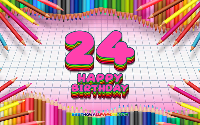 Happy 24th birtay, colorful pencils frame, Birtay Party, purple checkered background, Happy 24 Years Birtay, creative, 24th Birtay, Birtay concept, 24th Birtay Party, HD wallpaper