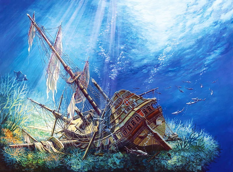 Sunk Galleon, underwater, water, ship, fish, sailship, sea, HD wallpaper