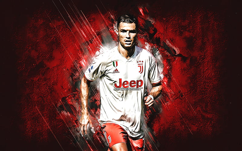 Cristiano Ronaldo, Juventus FC, red uniform Juventus, Portuguese footballer, CR7, portrait, red stone background, Serie A, football, HD wallpaper