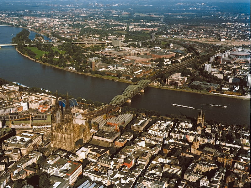 Köln, Aerial graphy, aerial view, sport hall, exposition, aerial graphy, fair, koeln arena, dom, mess, cologne, koeln cathedral, hohenzollern bridge, museum, hotel, ancient, germany, birdseye view, panorama, musical dome, air view, nrw, church great st marien, colonia, cologne cathedral, mass, north rhine westphalia, HD wallpaper