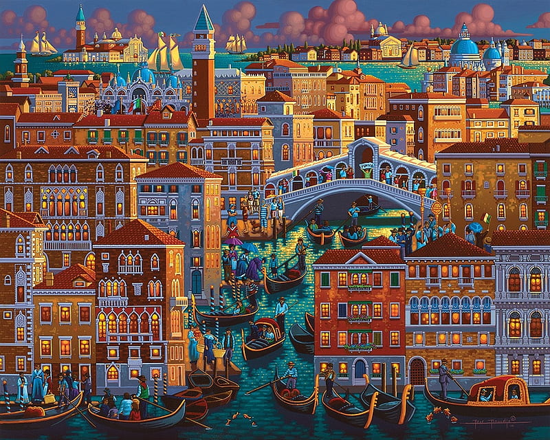 Venice, art, picutra, orange, buildings, city, bridge, painting, eric dowdle, blue, HD wallpaper