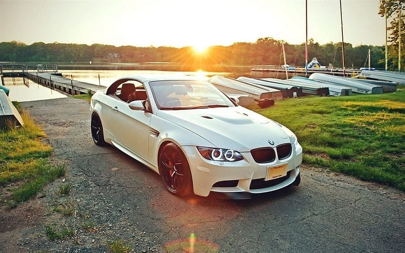 E92, tuning, BMW M3, sunset, white m3, pier, BMW, HD wallpaper