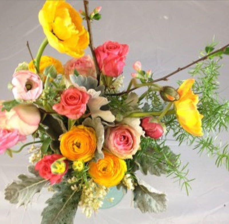 Roses and greeny leaves, colorful, flower arrangements, flowers, vase, roses, peonies, HD wallpaper