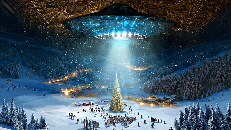 Christmas, people, olga antonenko, ufo, blue, iarna, winter, luminos, tree, fantasy, white, HD wallpaper