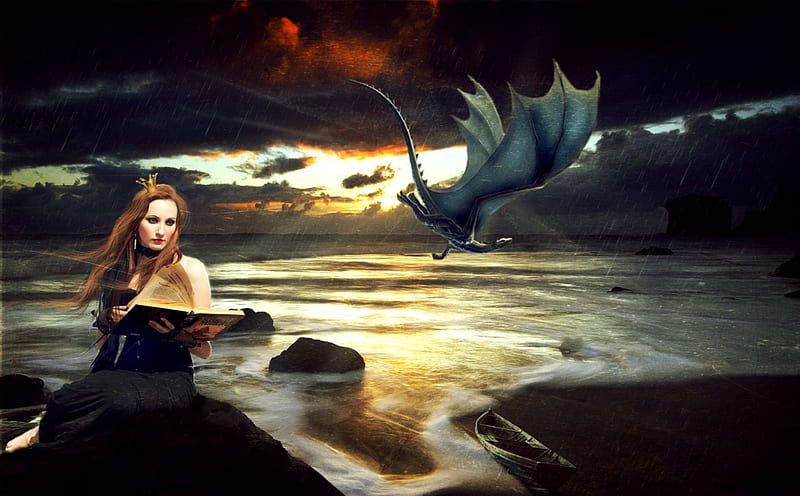 Calling the Dragon, book, water, woman, dragon, HD wallpaper | Peakpx