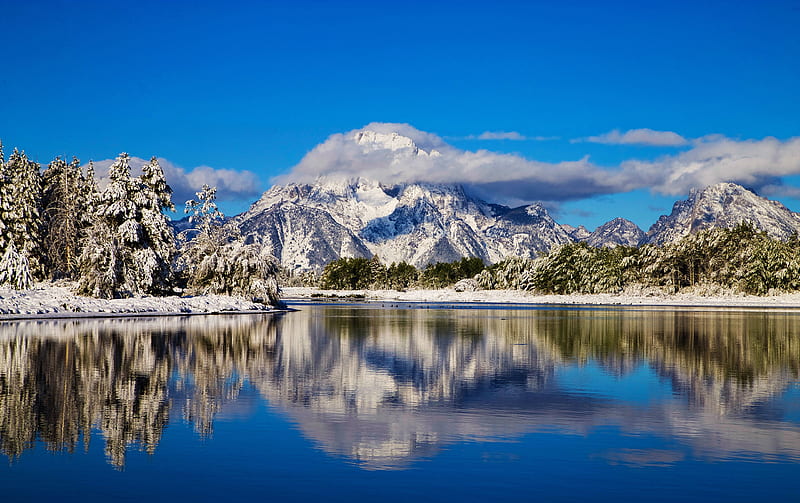 National Park, Grand Teton National Park, Cloud, Mountain, Reflection, River, Rocky Mountains, Winter, Wyoming, HD wallpaper