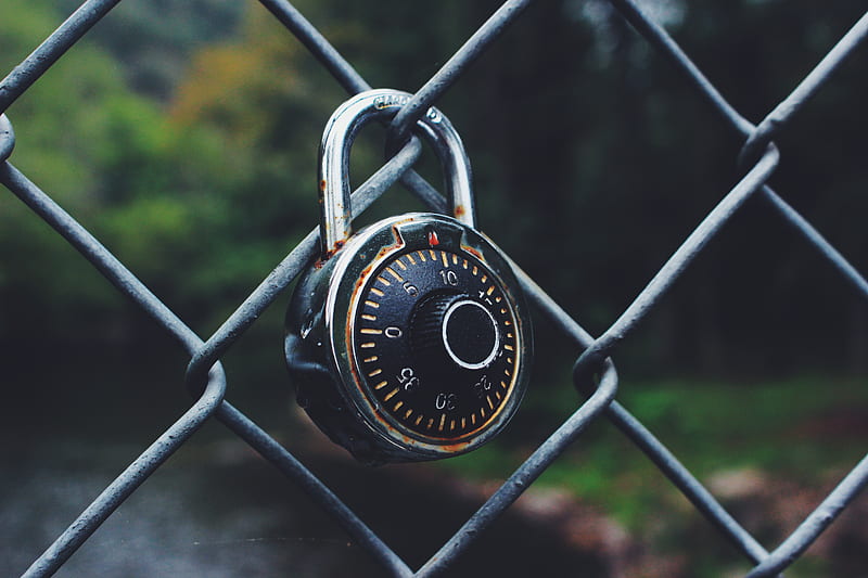 black and gray code padlock anchored on chain-link fence selective focus, HD wallpaper