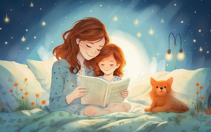 With Mom, dog, AI art, book, mom, lights, stars, flowers, daughter, smile, HD wallpaper