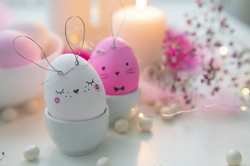 Pink Eggs and White Candles on White Table, HD wallpaper
