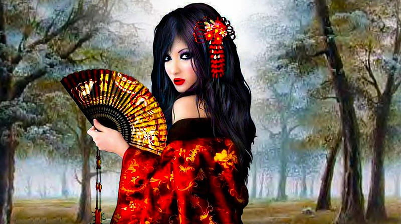 Geisha holding Fan, pretty, art, bonito, woman, kimono, geisha, fantasy, girl, digital, fan, JCArts, HD wallpaper