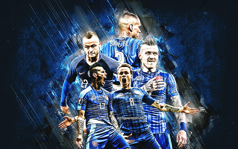 Slovakia national football team, blue stone background, Slovakia, football, Marek Hamsik, Martin Skrtel, HD wallpaper