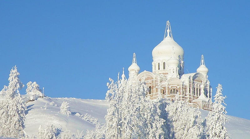 orthodox church painted in snow, domes, curche, trees, hill, winter, HD wallpaper