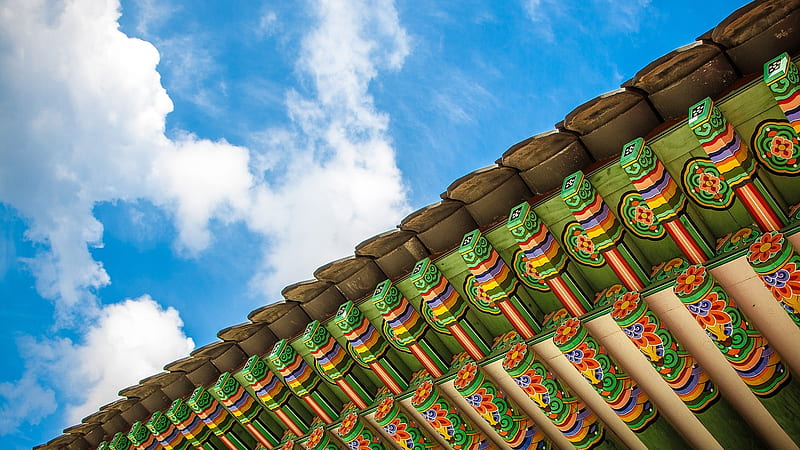 Colorful roof, roof, colourful, South Korea, Palace, Seoul, sky, HD wallpaper