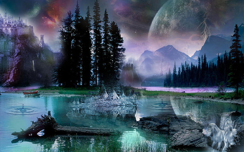 Spirit Island, spirit, moon, space, mountains, HD wallpaper