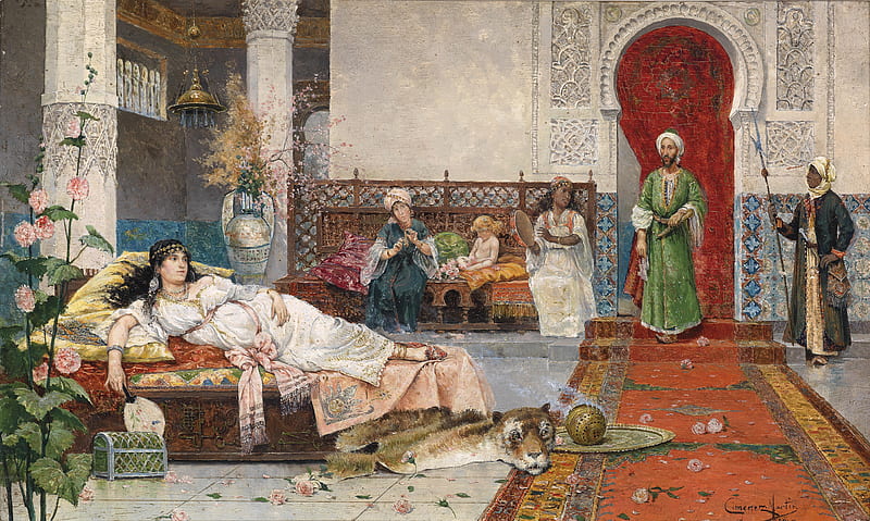 Harem, sultan, juan gimenez y martin, luminos, odalisque, man, woman, girl, painting, favorite, pictura, HD wallpaper