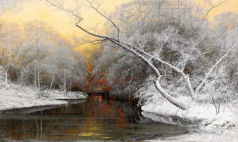 Winter painted, bonito, sunset cold, bridge painting, beauty, season, river, pic, lovely, sky, wall, trees, lake, water, snow, ice, peaceful, nature, white, frozen, HD wallpaper