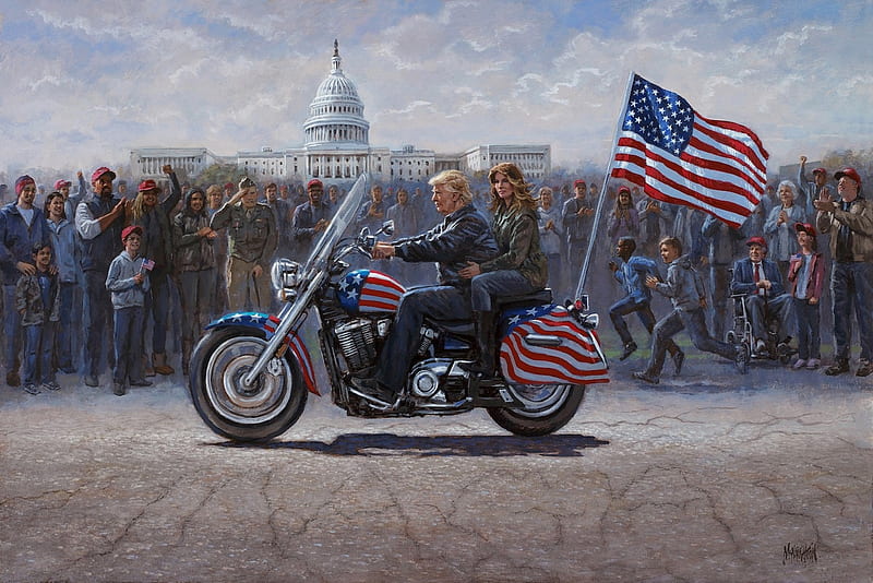 Donald and Melanie, art, donald trump, painting, president, melanie, pictura, motorcycle, couple, bike, HD wallpaper
