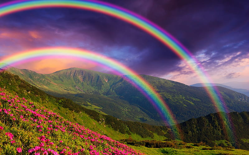 rainbow, mountains, summer, beautiful landscapes, HD wallpaper