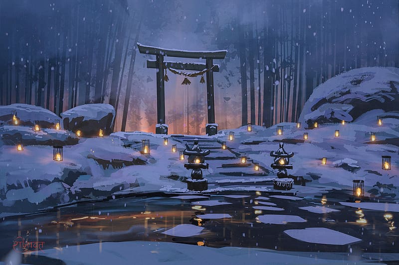 Anime, Winter, Night, Snow, Lantern, Bamboo, Torii, Shrine, HD wallpaper