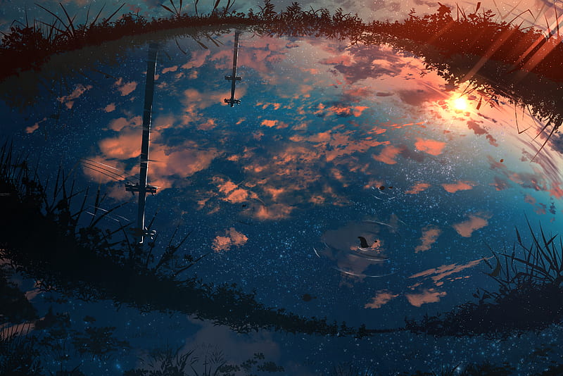 Anime, Original, Puddle, Sky, Starry Sky, Sunset, HD wallpaper