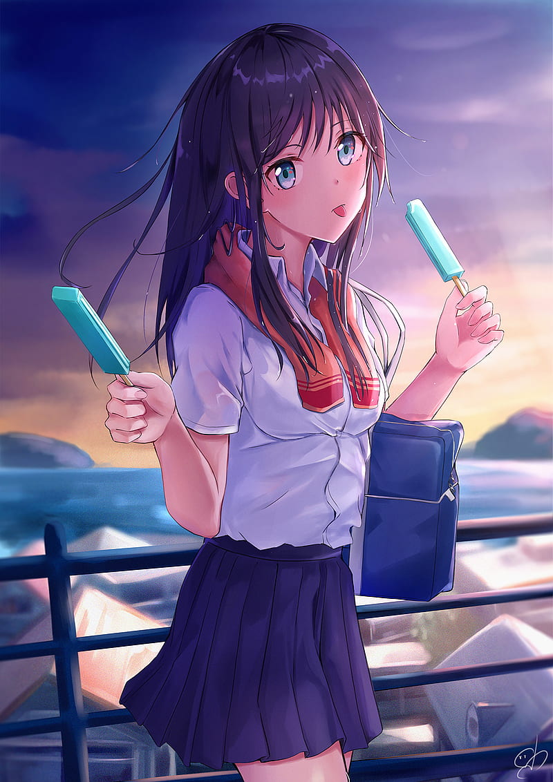 Girl, schoolgirl, ice cream, anime, HD phone wallpaper | Peakpx