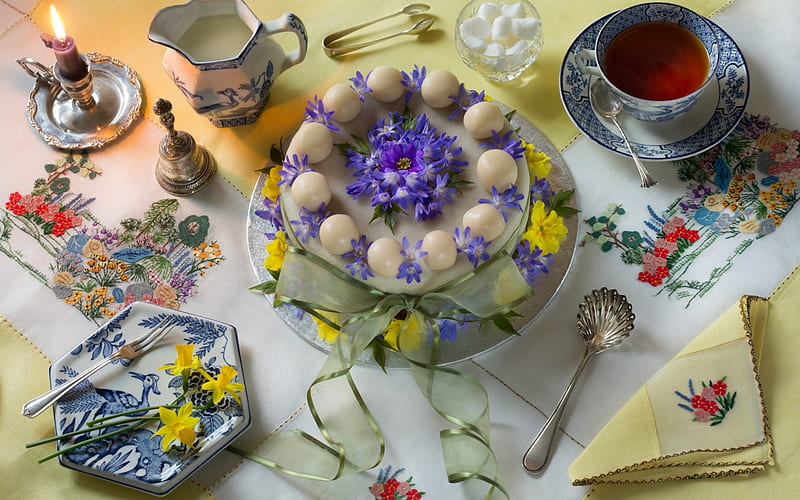 Happy Easter!, egg, cup, flower, easter, tea, card, blue, HD wallpaper