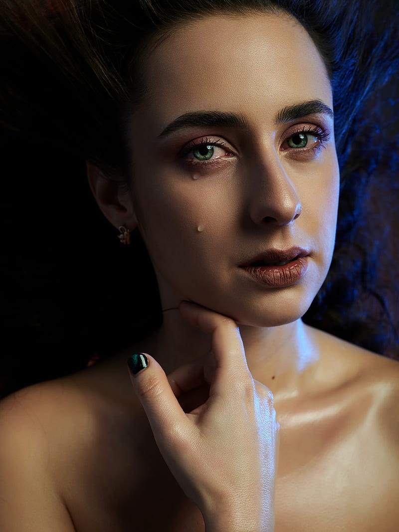 women, tears, model, face, portrait, Gene Oryx, makeup, painted nails, green eyes, HD phone wallpaper