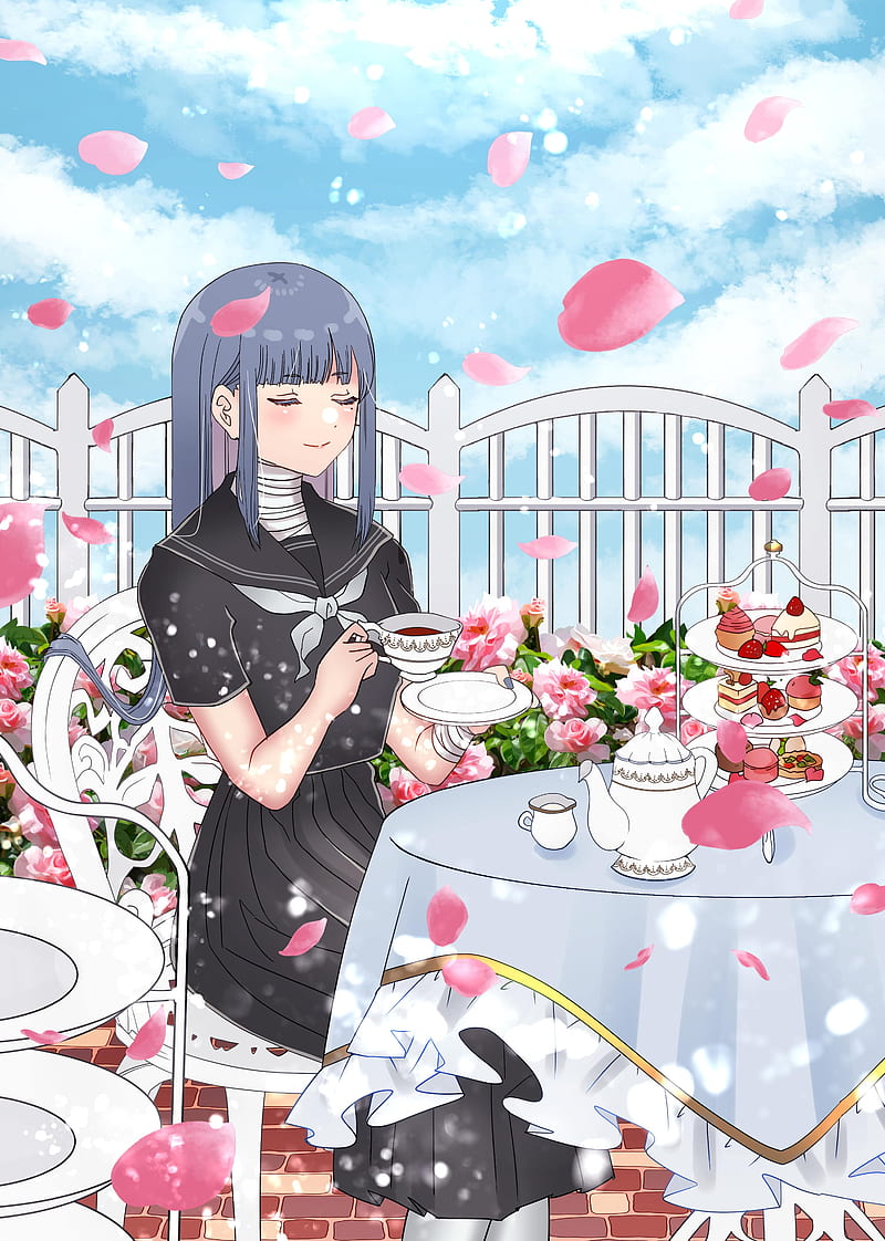 girl, cup, tea party, anime, art, HD phone wallpaper