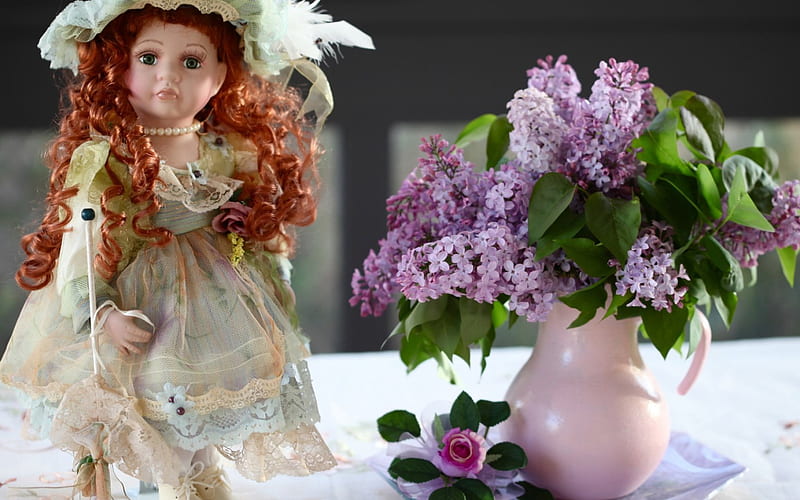 Doll with lilacs, cute, bouquet, summer, lilacs, doll, HD wallpaper