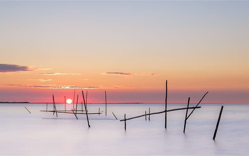 Sunset in Netherlands, sunset, fishing nets, Netherlands, sea, HD wallpaper