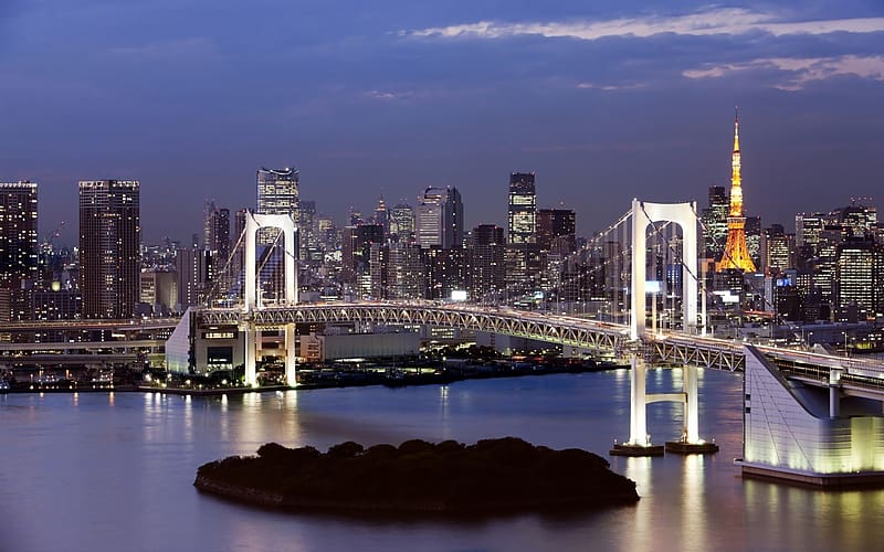 Bridges, Night, City, Skyscraper, Building, Light, Bridge, Cityscape, Tokyo, Rainbow Bridge, HD wallpaper
