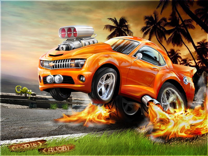 Total Boost-UP, fire, speed, green, grass, orange, car, hot, HD wallpaper