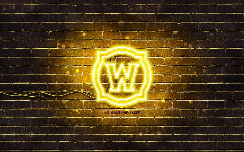 World of Warcraft yellow logo WoW, yellow brickwall, World of Warcraft logo, creative, World of Warcraft neon logo, WoW logo, World of Warcraft, HD wallpaper