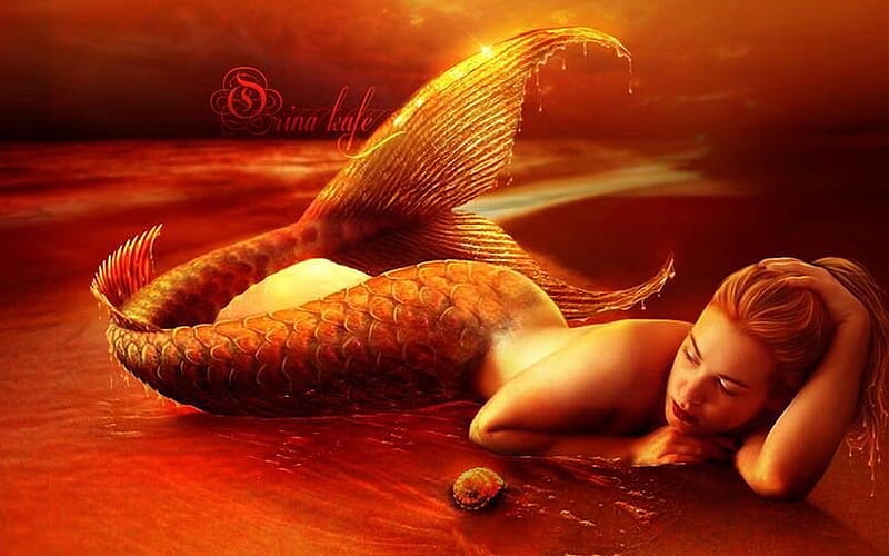 Mermaid, red, fantasy, ocean, Magical, sea, creature, HD wallpaper