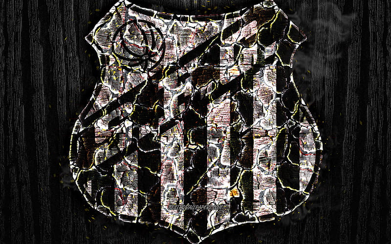 Santos FC, scorched logo, Brazilian Seria A, black wooden background, brazilian football club, Santos Futebol Clube, grunge, football, soccer, Santos logo, fire texture, Brazil, HD wallpaper