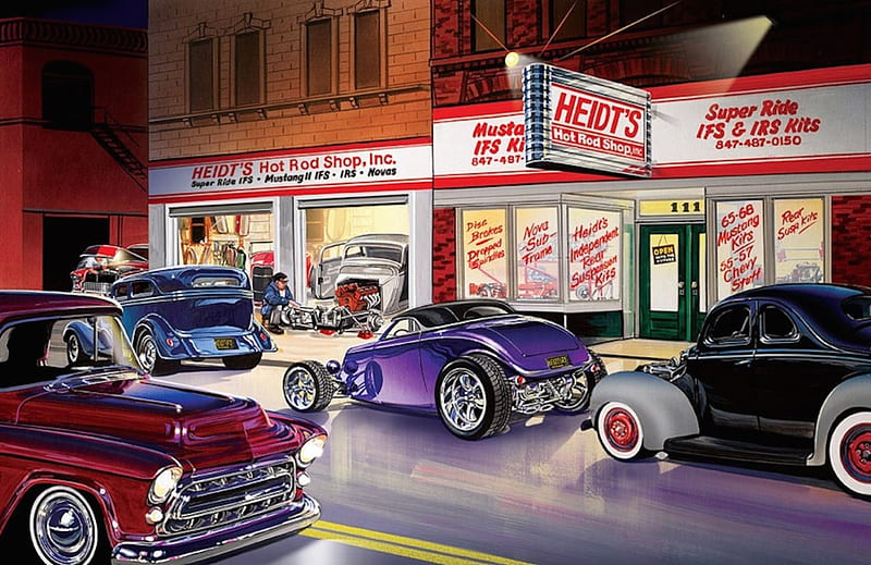 The Hot Rod Shop, carros, shop, hot rod, painting, vintage, HD wallpaper