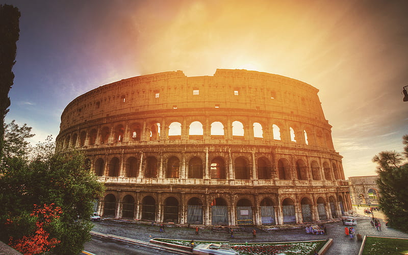 Colosseum, sunset theatre, italian landmarks, gladiator arena, Rome, Italy, HD wallpaper