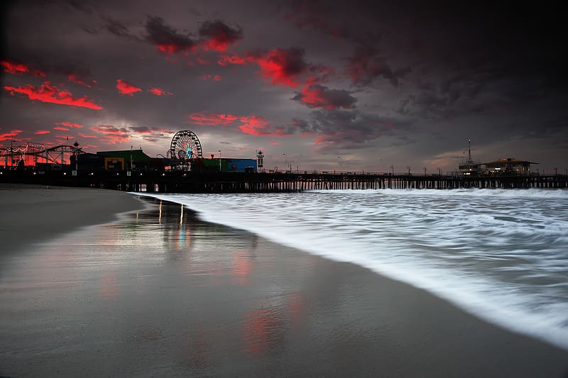 Sunset, Beach, Ocean, Ferris Wheel, , Scenic, Santa Monica Pier, HD wallpaper