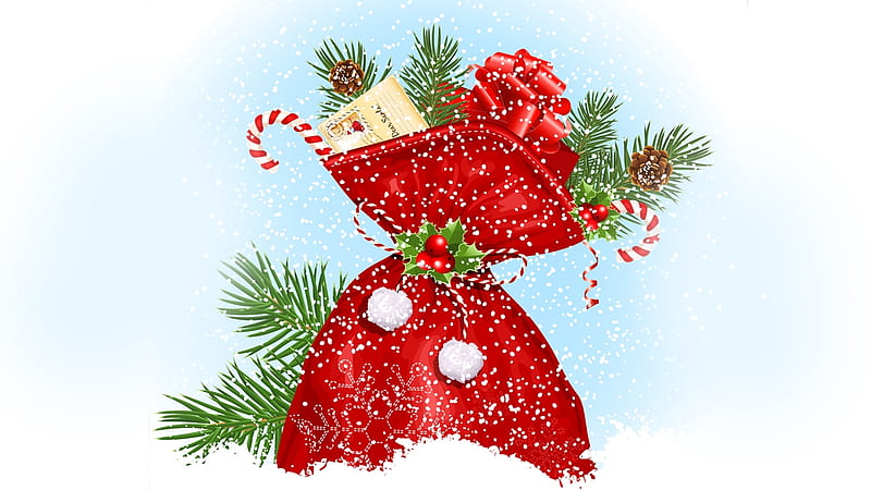 Santas Gift Bab, Christmas, Feliz Navidad, holiday, evergreen, ribbons, winter, cards, pine, snow, berries, presents, candy cane, gifts, HD wallpaper