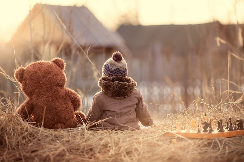 Friends, pure love, toy, nature, child, sunset, teddy bear, sky, HD wallpaper