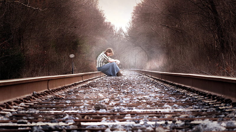 Sad Looking Girl Is Sitting On Railway Track Depression, HD wallpaper