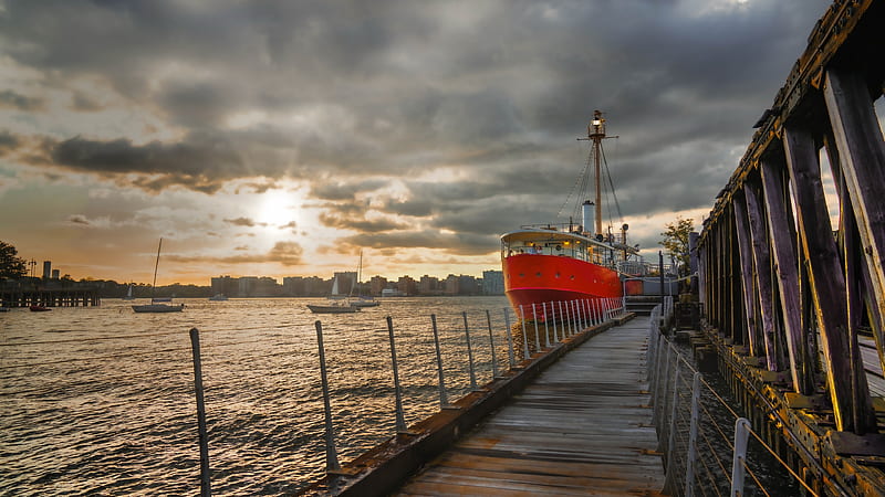 Vehicles, Ship, Hudson River, Motor Ship, New York, Pier, Sunset, HD wallpaper