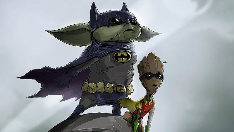 Baby Groot Yoda As Batman And Robin , baby-groot, baby-yoda, batman, robin, superheroes, artist, artwork, digital-art, HD wallpaper